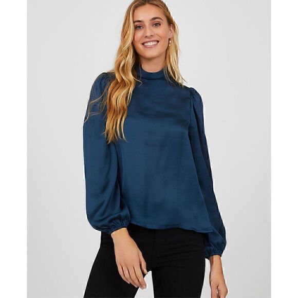 Suzy Shier Satin Top Blouse Long Balloon Sleeve Blue Womens Size Large NEW w Tag - Picture 2 of 12